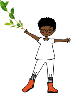 Ilustração de uma criança negra com os braços abertos e segurando um ramo de folhas.
