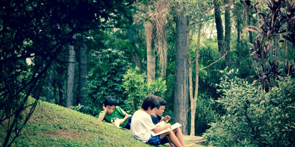 Crianças lendo ao ar livre. Desemparedamento: aprender além dos muros da escola.