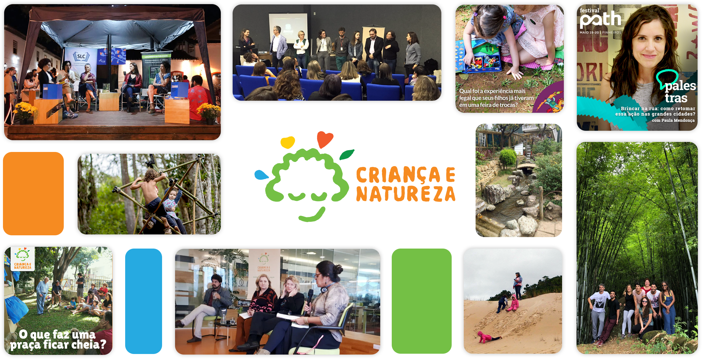 Montagem com algumas fotos de palestras e ações do Criança e Natureza, com a logo do programa no centro.