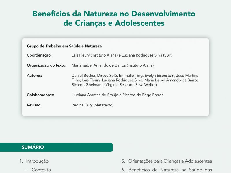 Capa da publicação mostra no canto superior o título e as logos da SBP e do Criança e Natureza sobre um quadro verde água. Abaixo, outras informações sobre o material.
