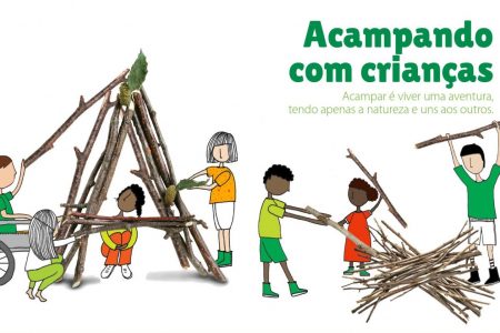 Desenho de crianças separando galhos e montando uma barraca com eles. No canto superior direito está escrito em verde 