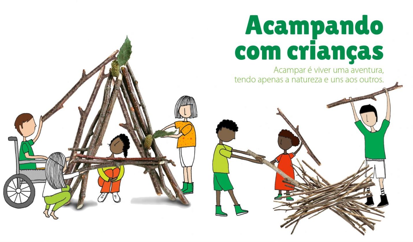 Desenho de crianças separando galhos e montando uma barraca com eles. No canto superior direito está escrito em verde 