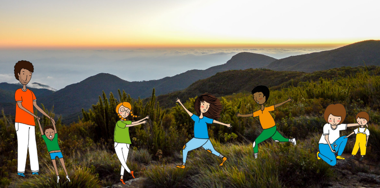 Ilustração de várias crianças brincando sobre um gramado em uma montanha
