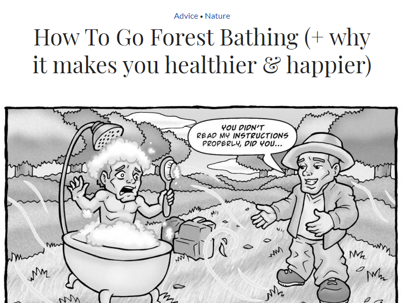Desenho em preto e branco de de dois homens conversando em um ambiente aberto e com muitas árvores. Um deles está dentro de uma banheira com espuma.
