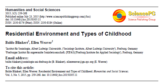 Página com informações básicas da pesquisa, incluindo o título: Residential Environment and Types of Childhood. No canto superior direito o logotipo da Science Publishing Group.