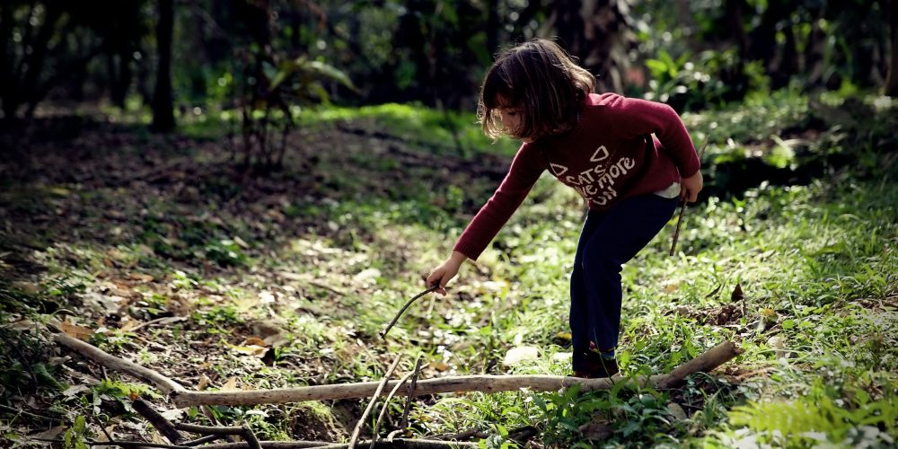 Criança brinca com um graveto em meio a uma paisagem natural.