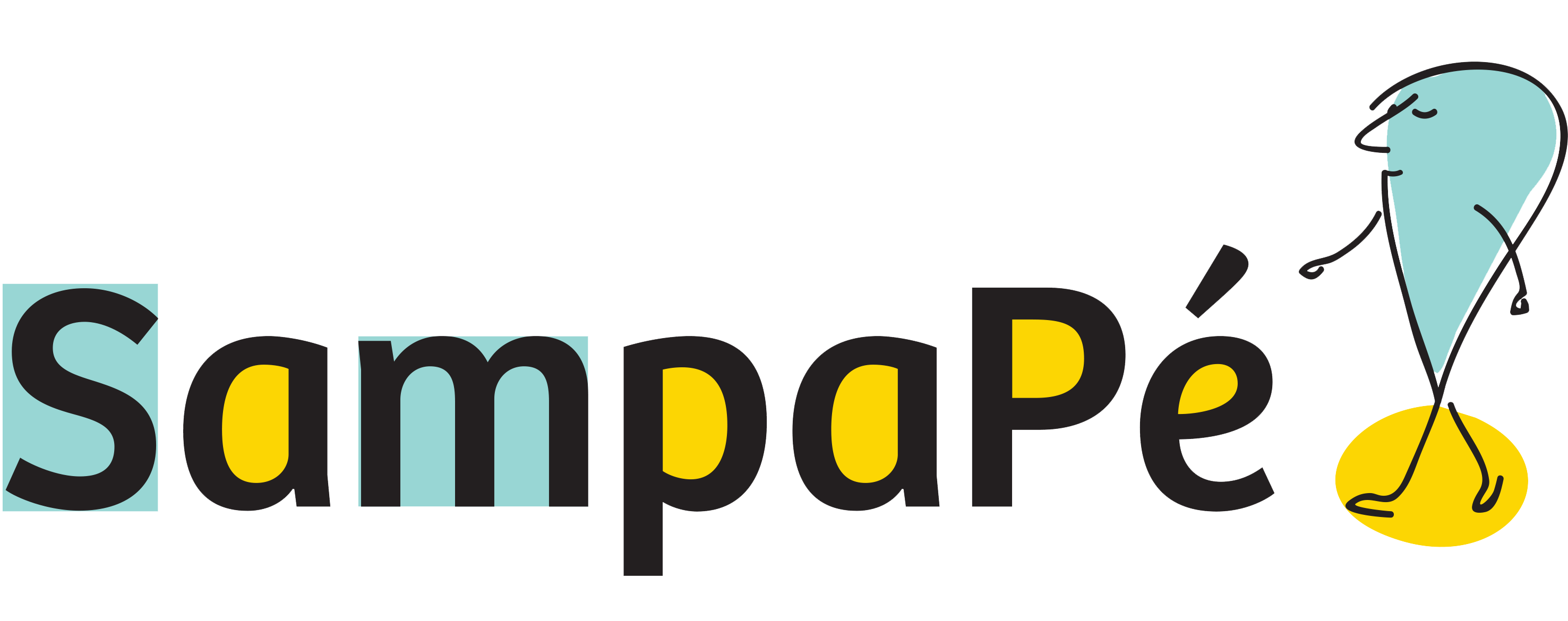 Logotipo do Sampapé, com detalhes nas cores azul e amarelo e a ilustração de um pin andando.