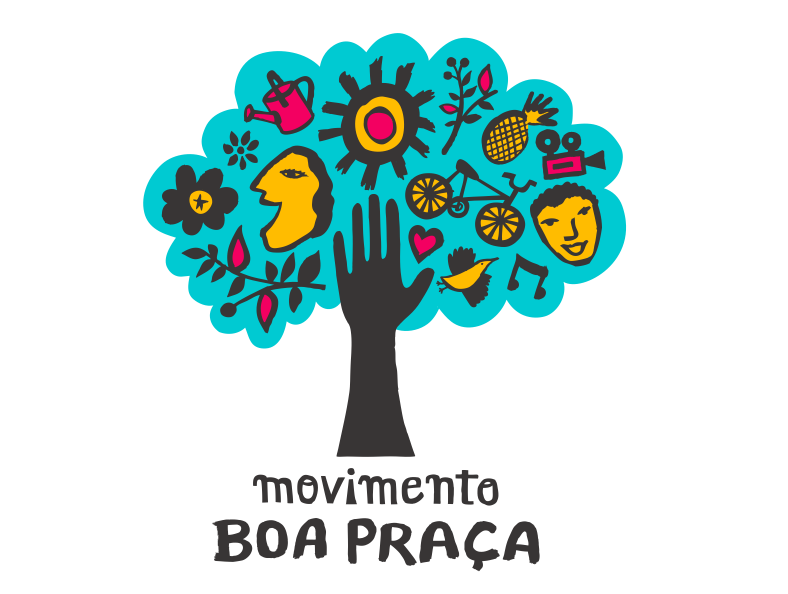Logotipo do Movimento Boa Praça, com a ilustração de uma árvore com vários elementos, entre eles flores, uma bicicletas e um regador, em sua copa.
