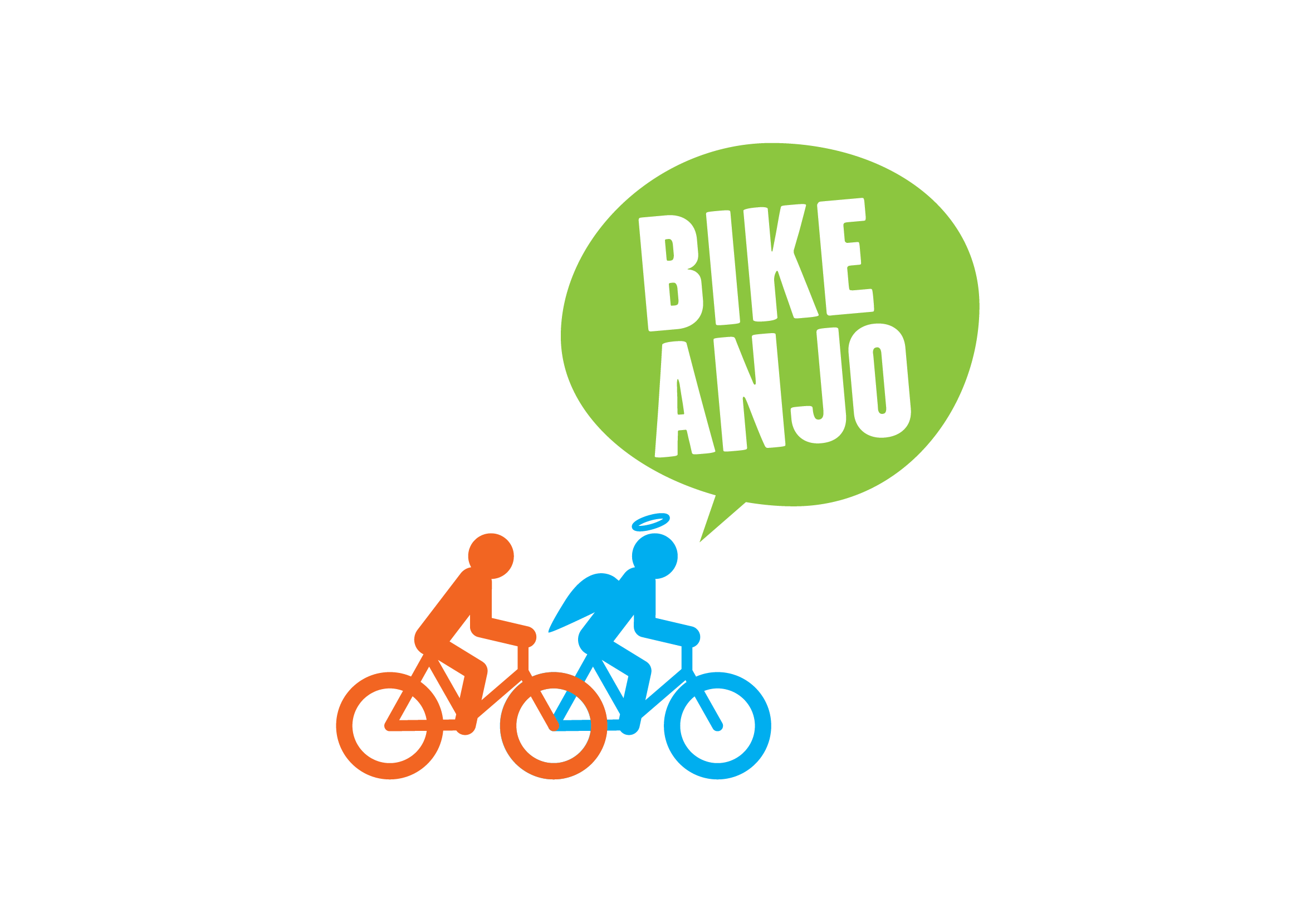 Logo do Bike Anjo, com a ilustração de um humano e um anjo andando de bicicleta, nas cores verde, azul e laranja.