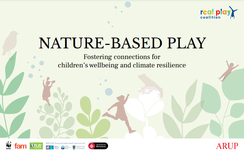 Capa da publicação Nature-based Play, com ilustrações coloridas de crianças pulando e folhas.