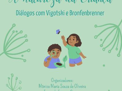 Capa do ebook A Natureza da Criança, com o fundo verde, o título em destaque e a ilustração de duas crianças interagindo e observando flores e folhas.