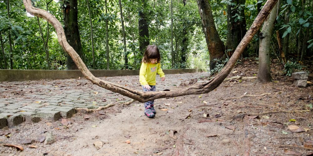 Criança brincando ar ar livre, em espaço arborizado. Manifesto saúde e natureza.