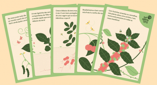 jogo de cartas com ilustrações de plantas nas cores verde e rosa.