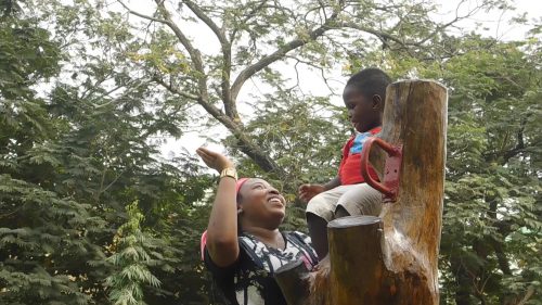 criança está em cima de um tronco, em um brinquedo naturalizado, de onde conversa com a mãe no Mmofra Park, em Gana