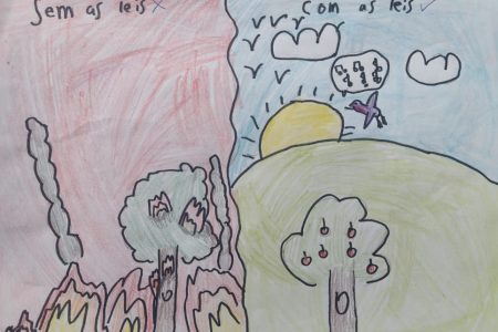 Desenho de uma criança de 10 anos mostra, de um lado árvores queimando e, do outro, a natureza preservada