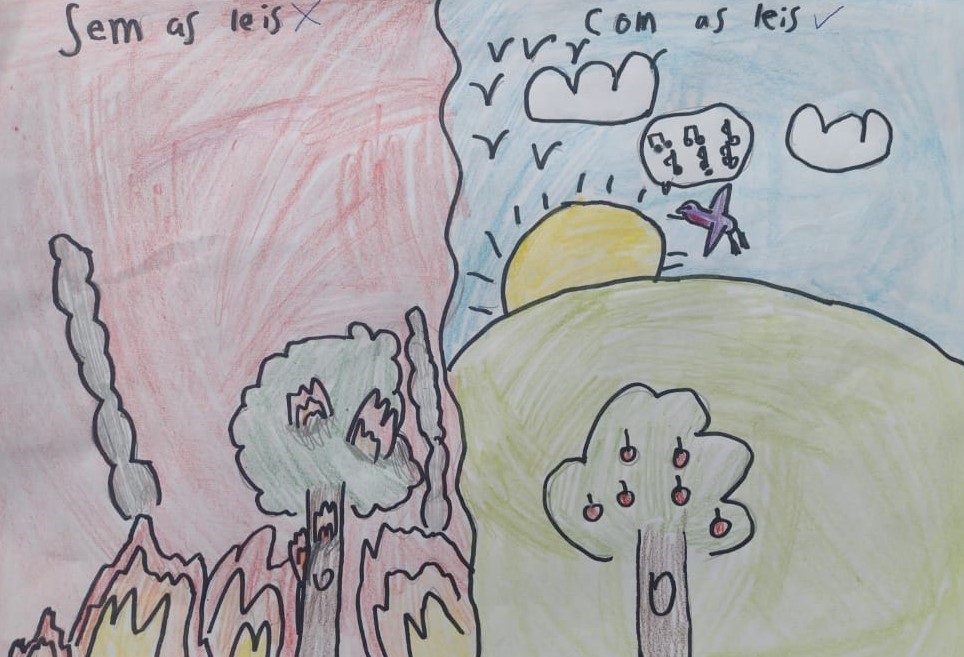 Desenho de uma criança de 10 anos mostra, de um lado árvores queimando e, do outro, a natureza preservada